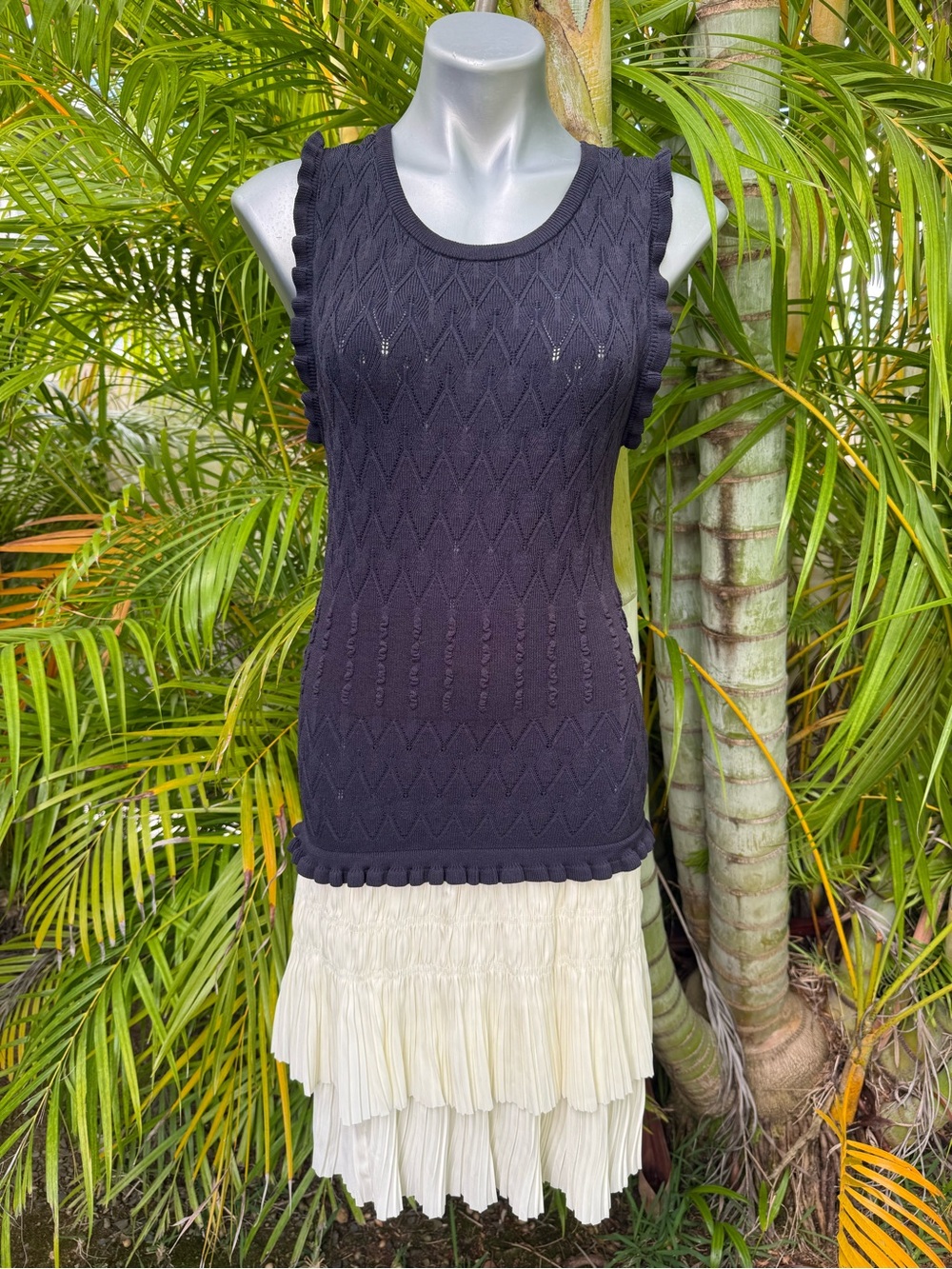 Anthropologie Black Knit Mini Dress with Cream Tiered Skirt
